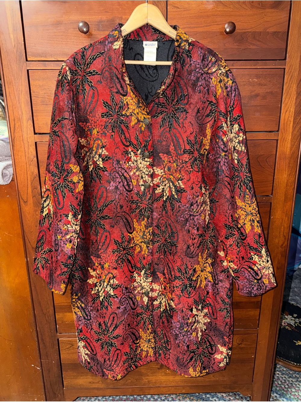 Women's Long Button Up Multicolor Tapestry Jacket XL